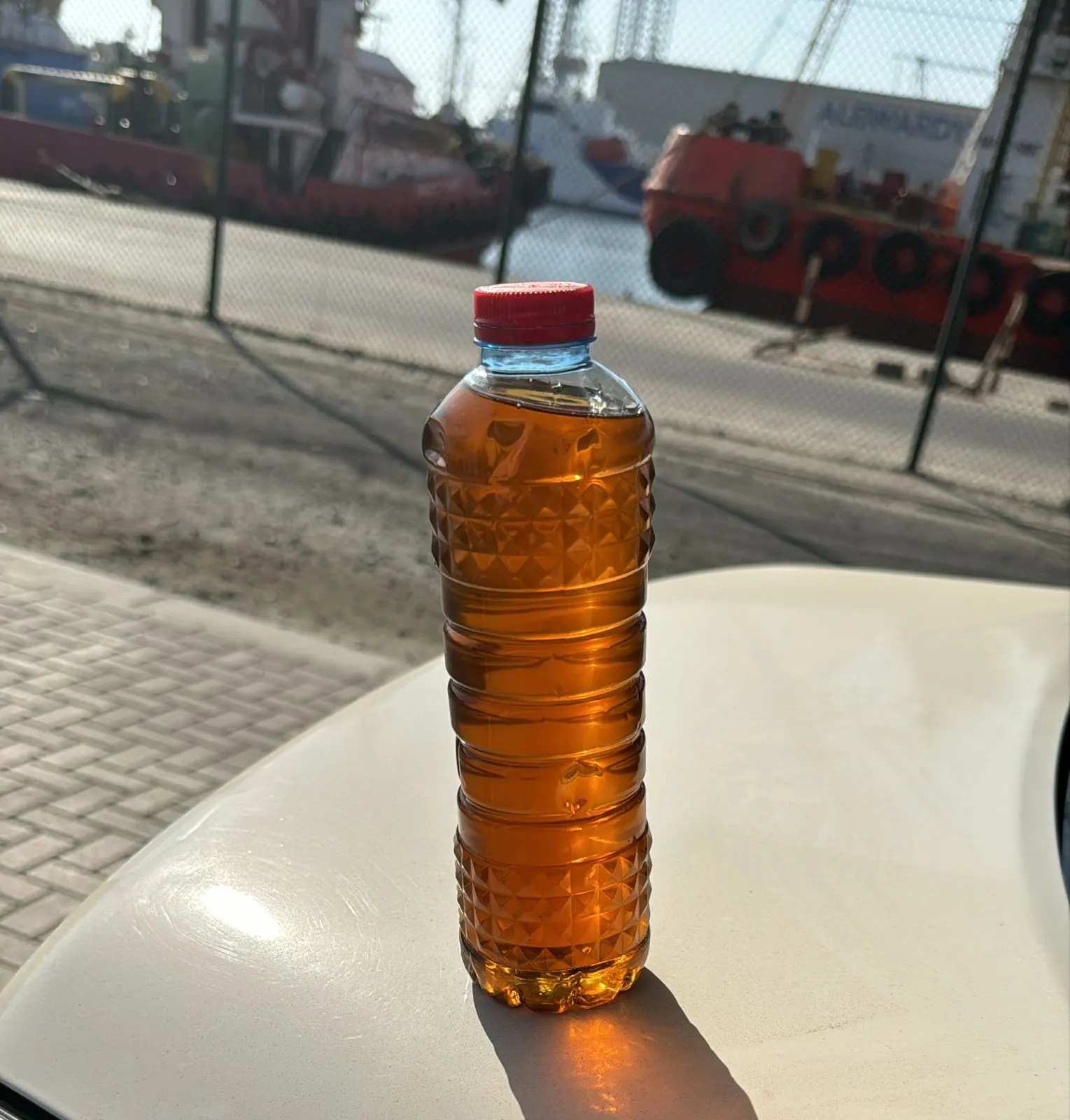 A sample bottle held up against the port