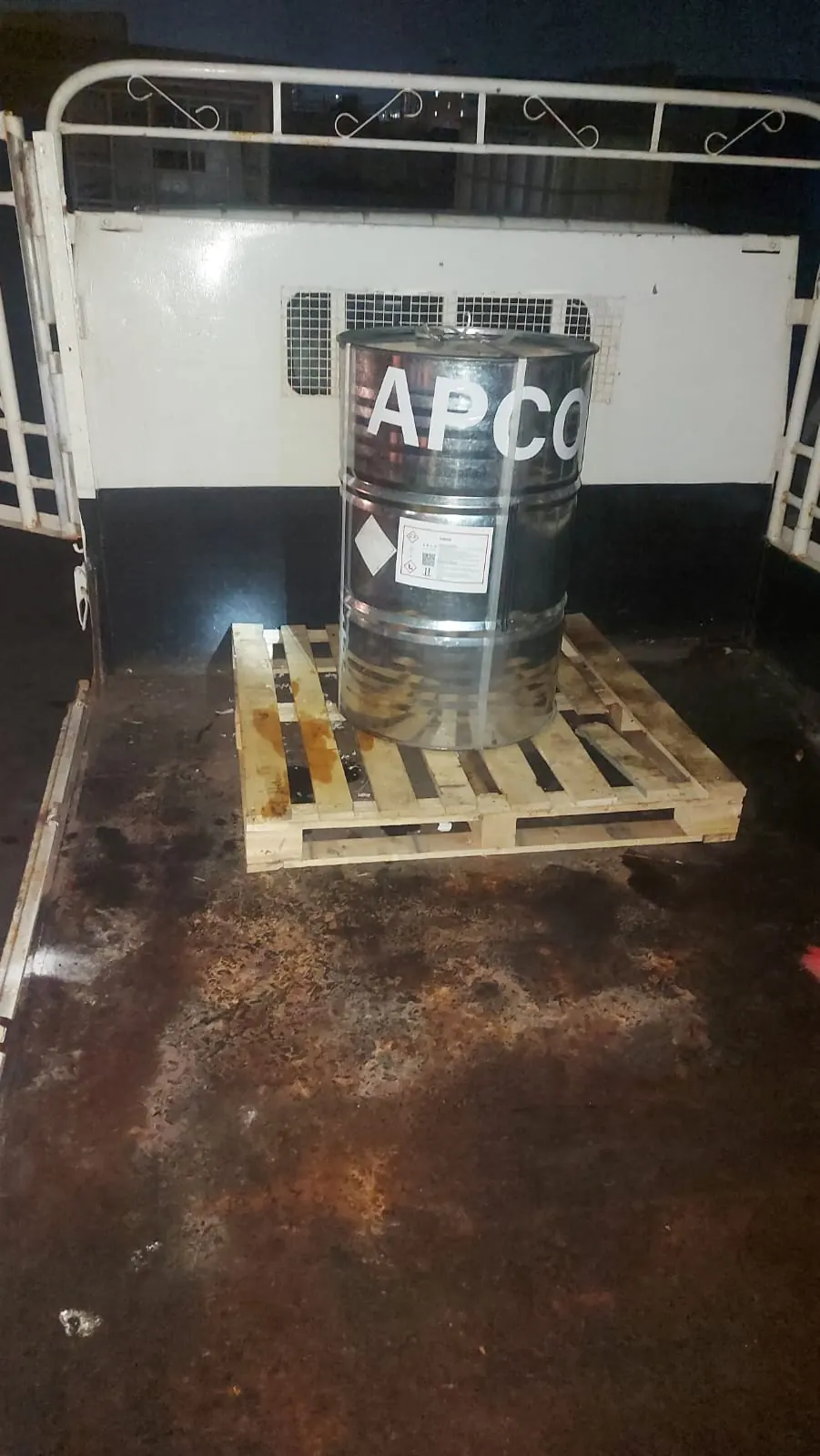 A stencilled APCO drum on a pallet