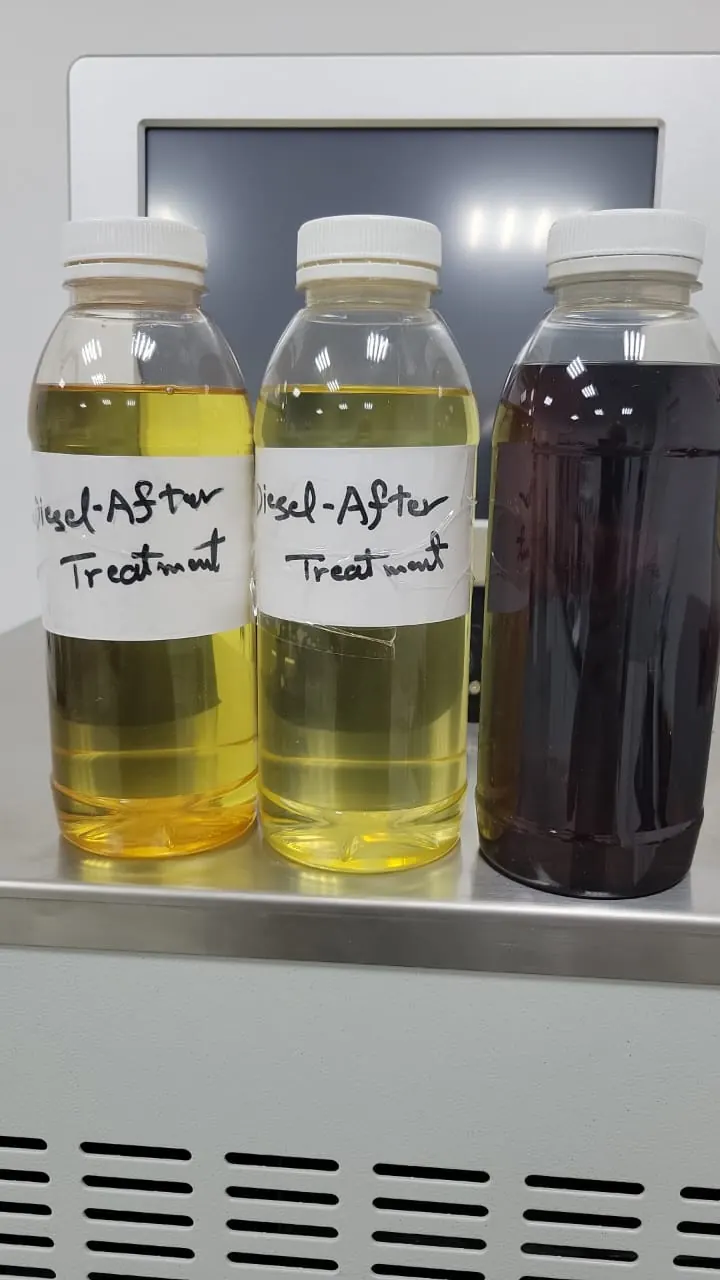Three sample bottles labelled by hand, two after treatment and one before