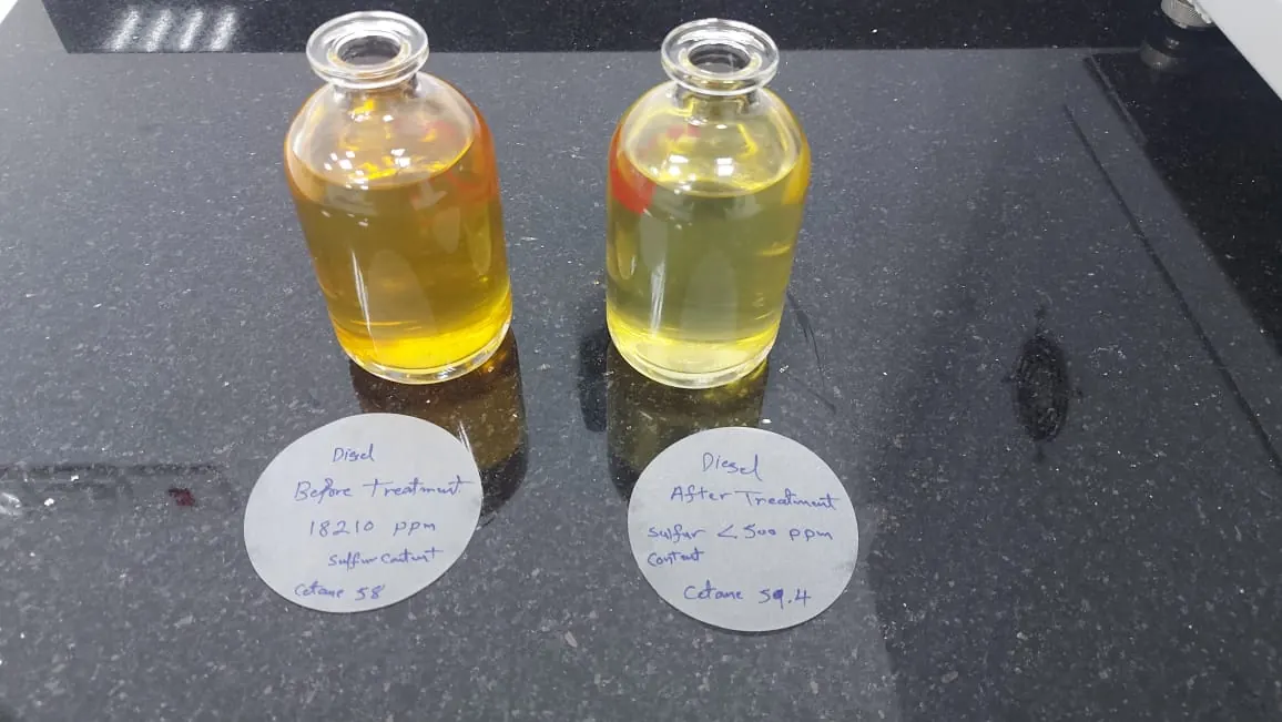 Two labelled diesel samples: dark before treatment, pale after